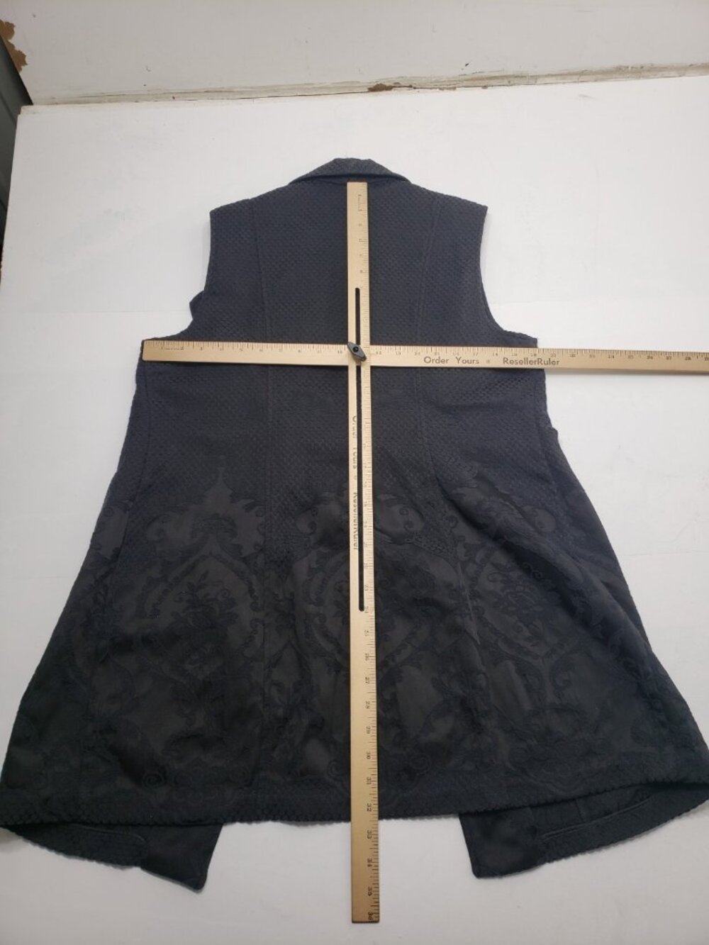 Peter Nygard Womens Size 16 Black Long Vest Textured Floral Open Front - Picture 14 of 14